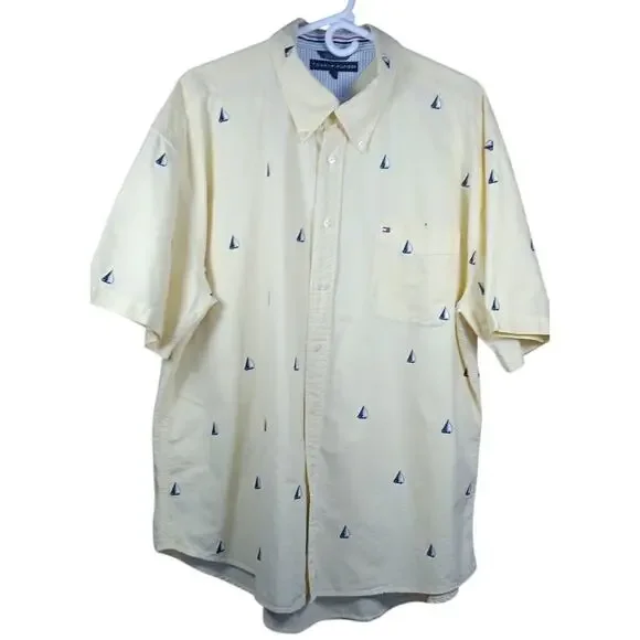 Tommy Hilfiger Men's XXL Yellow Short Sleeve Button Down Shirt Sailboat Nautical - Picture 3 of 7